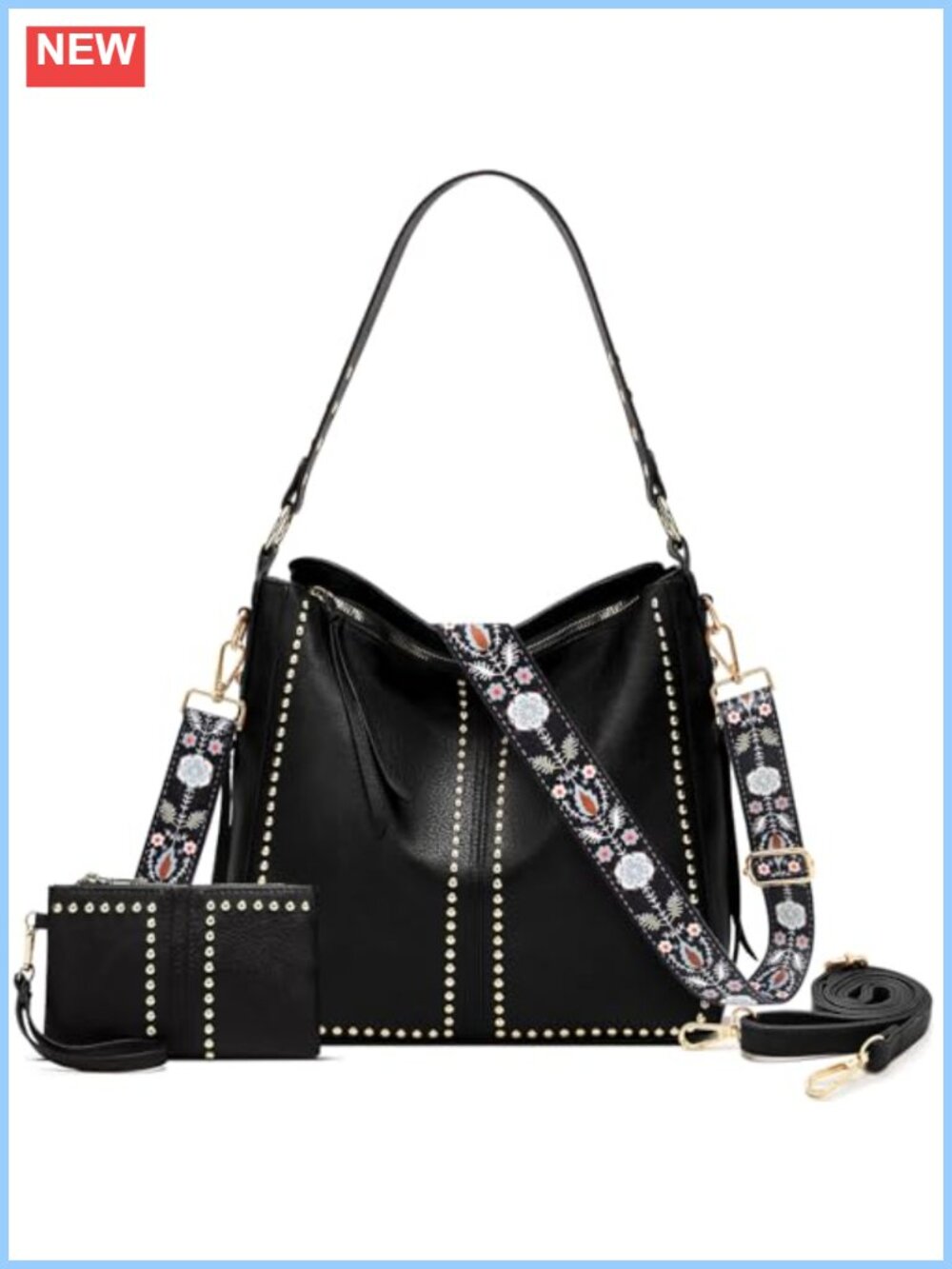 Studded Hobo Purse & Wallet Set PU Faux Leather Crossbody Shoulder Bag
